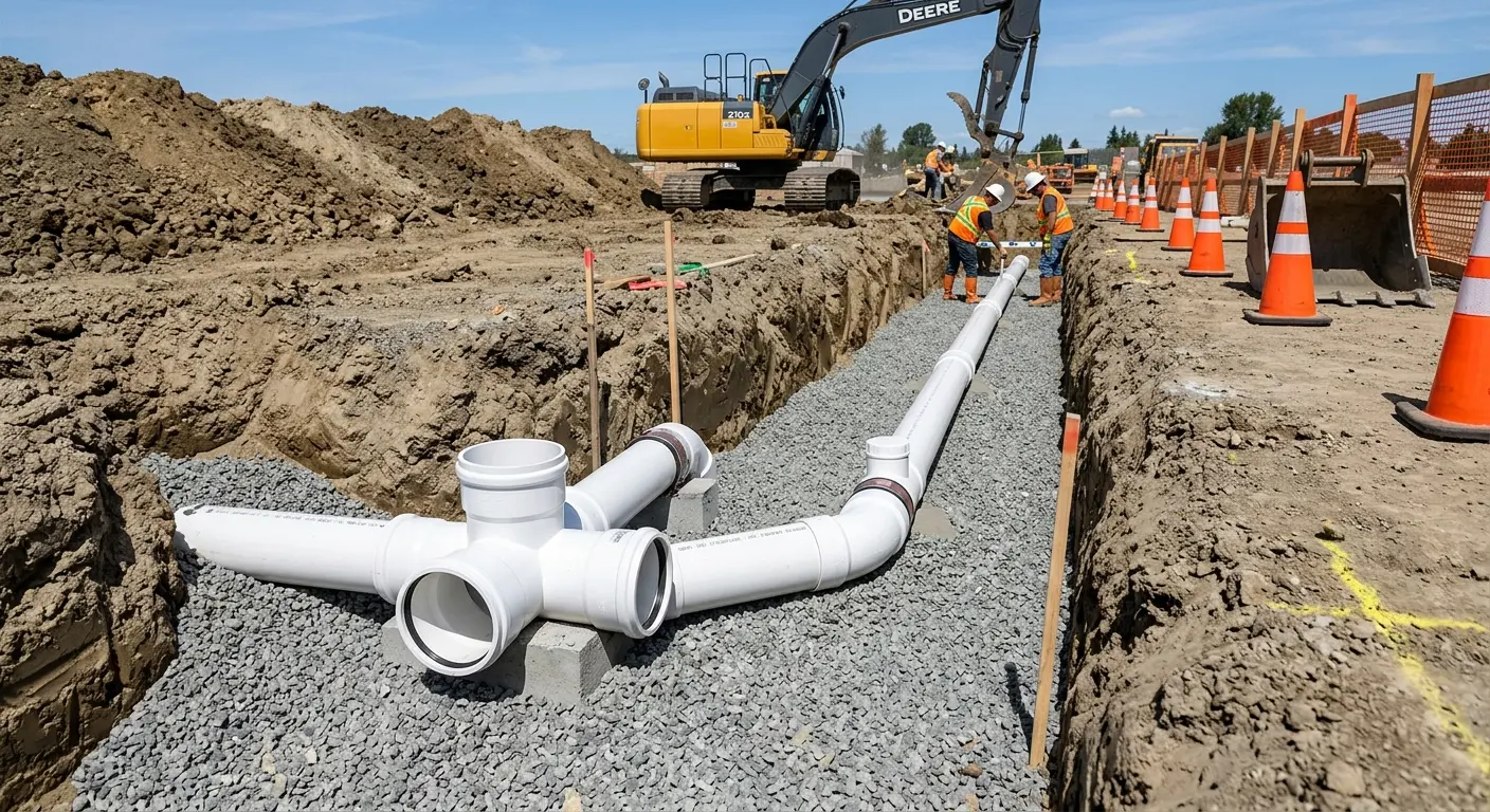 New PVC sewer pipe installation in open trench for Commercial Drain Cleaning in Neshannock