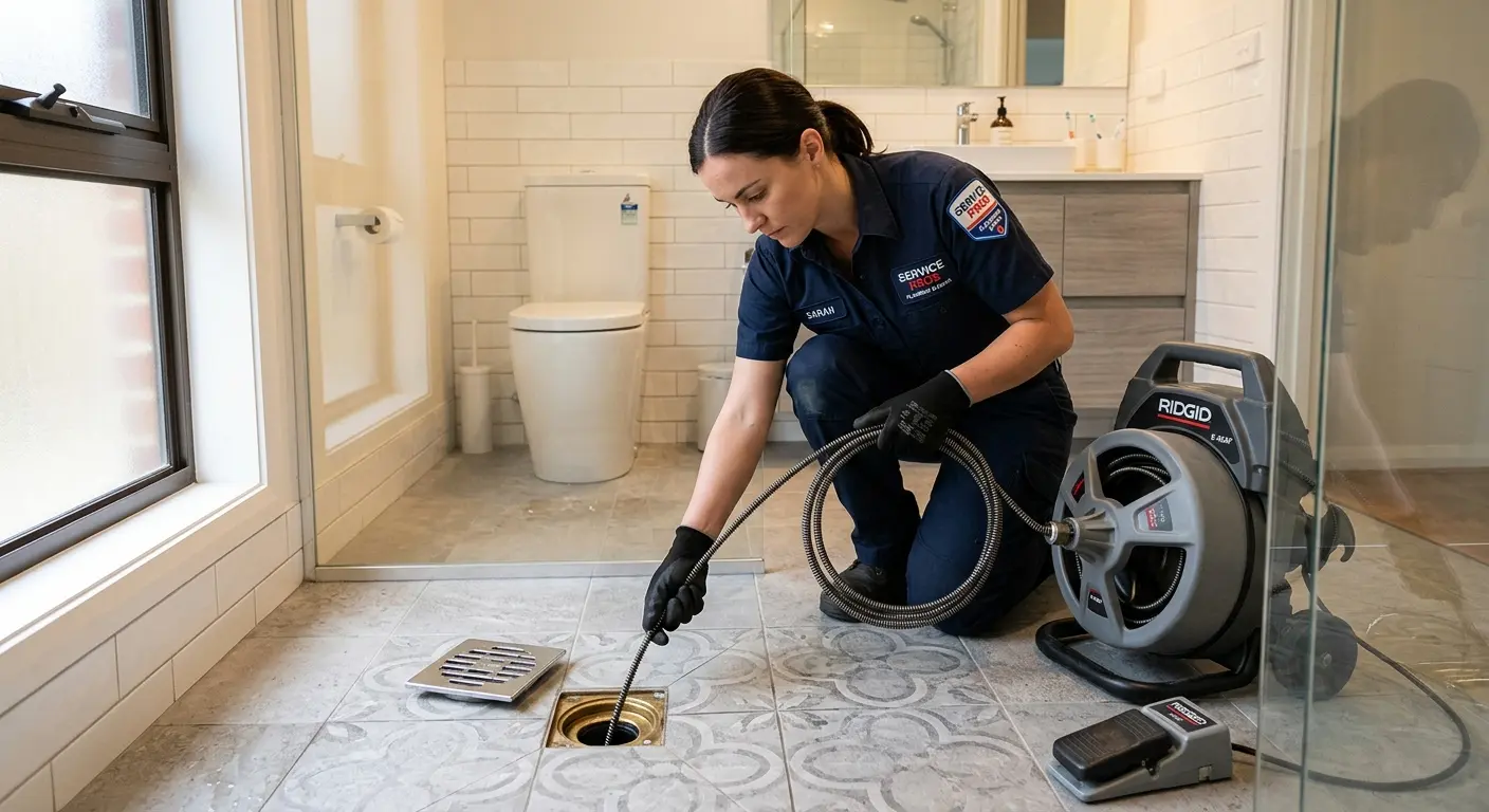 Technician clearing a bathroom floor drain for Clogged Drain Repair in Neshannock